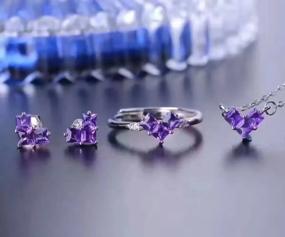 

LANZYO 925 sterling silver Amethyst Jewelry Sets Fine Jewelry Ring Necklace Pendant Earring Women Bridal Sweet love tz0303agz