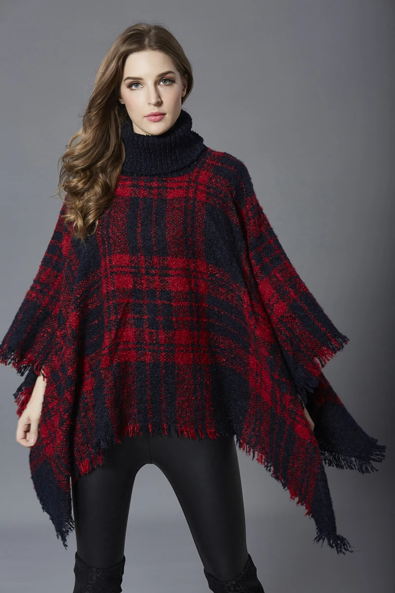 

New Plaid Knitted Turtleneck Cloak Sweater Women Casual Pullover Autumn Winter Streetwear Women Sweaters and Pullovers Oversized
