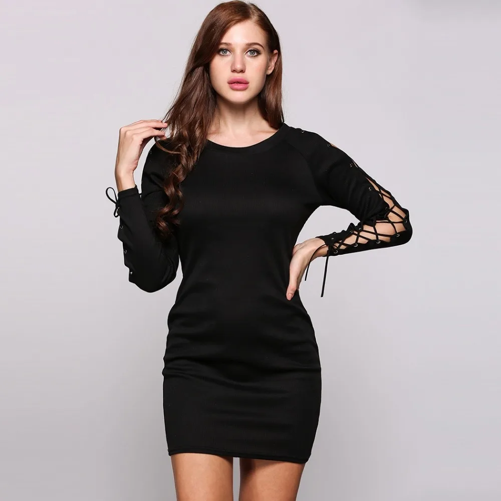 Новые женщины твердые длинным рукавом круглым воротом кружева bodycon сексуальная