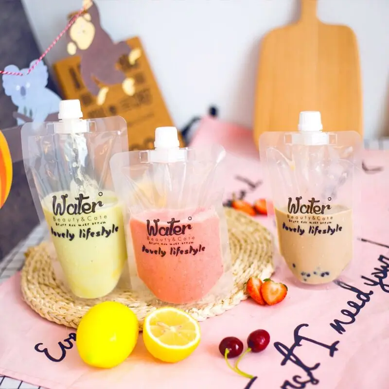 

100 Pcs, Stand-up Plastic Drink Packaging Bag Spout Pouch for Beverage Liquid Juice Milk Coffee, Cute Design Water Bag