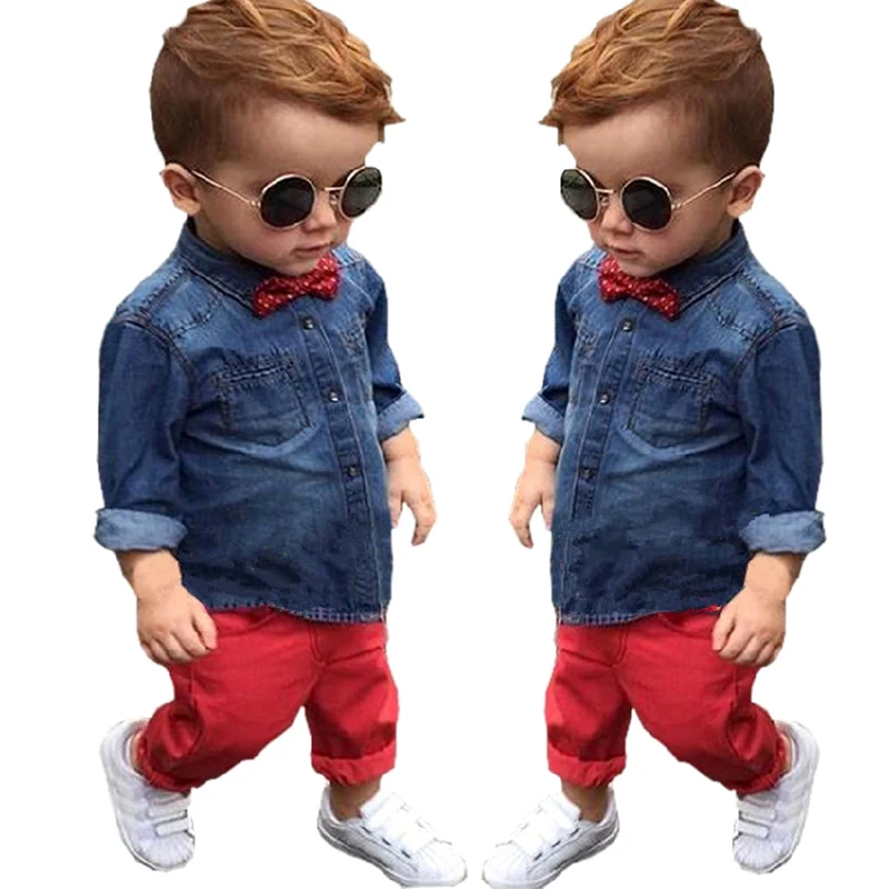 

2018 Direct Selling Children's Sets Spring Autumn Boys Clothing Kids Red Bow Tracksuits Babe Denim Jacket+Pant Baby Boy Clothes