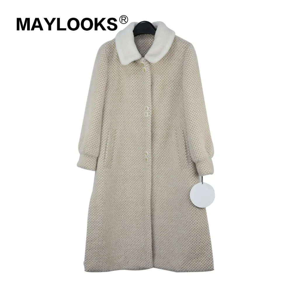 Maylooks шерсть женские зимние куртки пальто топы оторочка из овечьей шерсти Женская одежда 2018 длинный бежевый