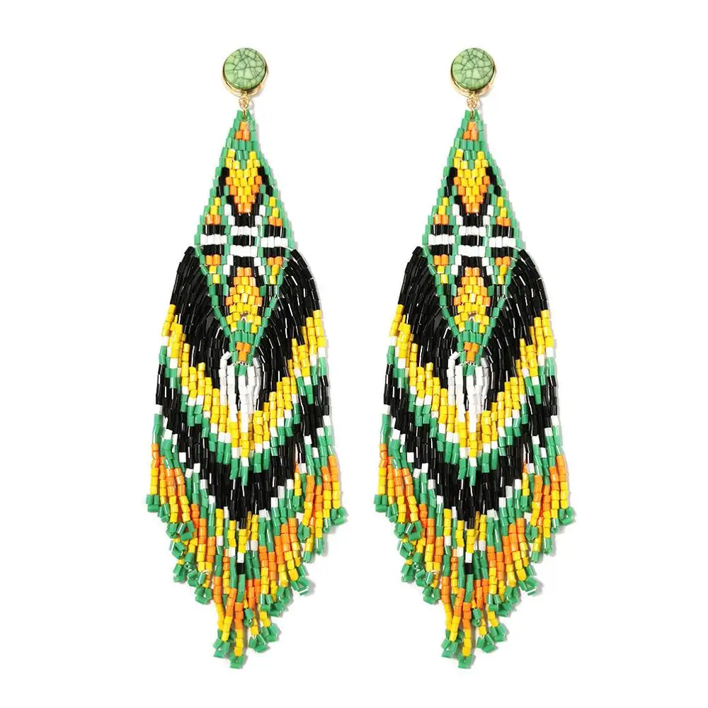 Green Multi Earrings MANILAI, богемные длинные серьги с кисточками и бусинами для женщин, ручная работа, Разноцветные серьги с бусинами, этнические ювелирные изделия - Окраска металла: Green Multi Earrings