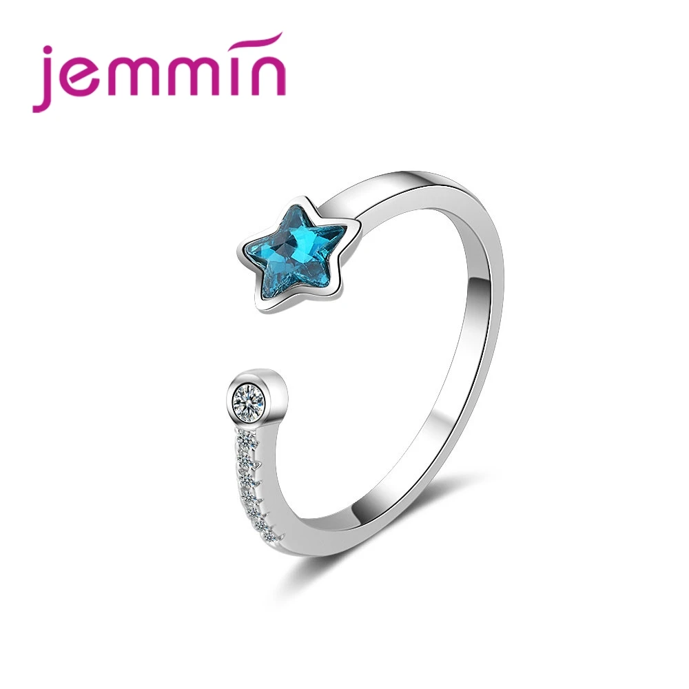 

925 Sterling Silver Blue Crystal Stars Open Ring Cubic Zirconia Female Wedding Birthday Gift Creative Fashion Jewelry
