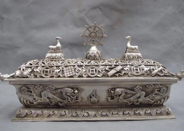 

Buddhism white Copper silver Eight treasures 2 Dragon Box censer incense burner