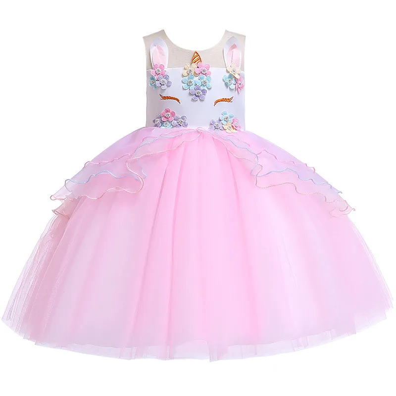 Pink dress Необычные дети Единорог Платье с фатиновой юбкой для обувь девочек вышитая бальное платье Детские платья принцессы в цветочек Свадебная вечерин - Цвет: Pink dress