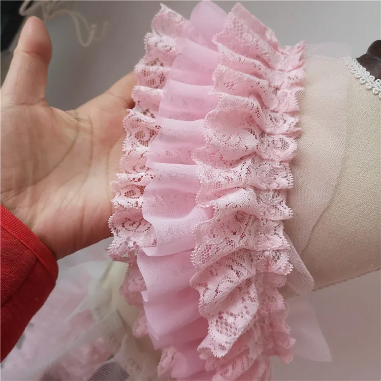

3Meters 10cm Wide 3 Layers Pink Lolita Chiffon lace Ruffled Lace Trim Dress Shoulder Strap Skirt Cuffs Accessories Pleat Lace