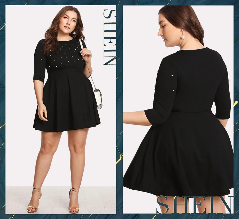 SHEIN Плюс РазмерОблегающее Платье-Клёш С Бусинами Женское Весеннее Элегантное Платье С Высокой Талией