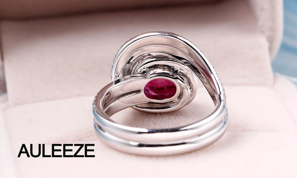 AULEEZE 1.5CT овальной огранки натуральный Rubellite красное кольцо с турмалином настоящий бриллиант 18 K белые золотые обручальные кольца для женщин ювелирные украшения