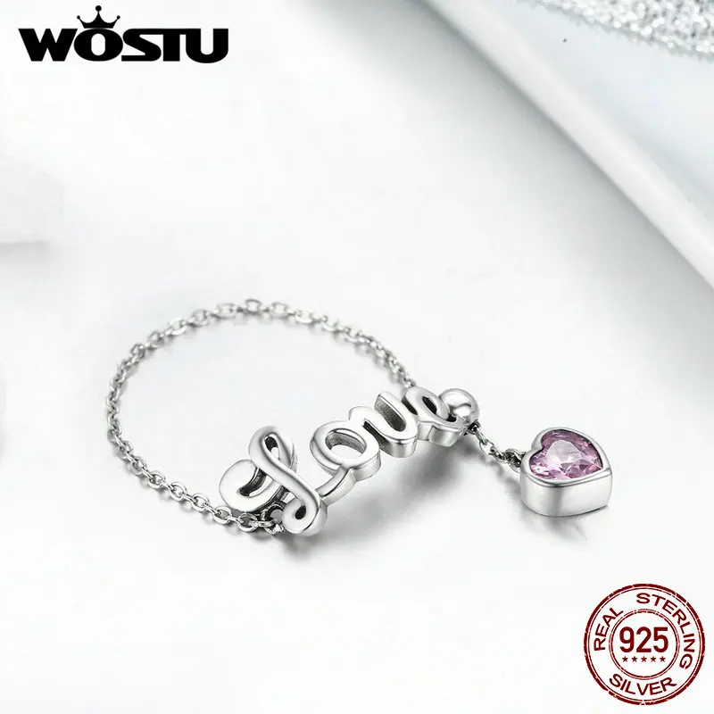 WOSTU романтический 925 пробы серебро любовное письмо сердце регулируемое кольцо на палец для обручального кольца для Для женщин женское, Стерлинговое серебро ювелирные изделия подарок CQR246