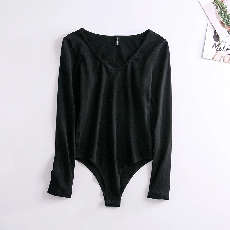 Облегающий однотонный боди для женщин 2018 с v образным вырезом длинным рукавом