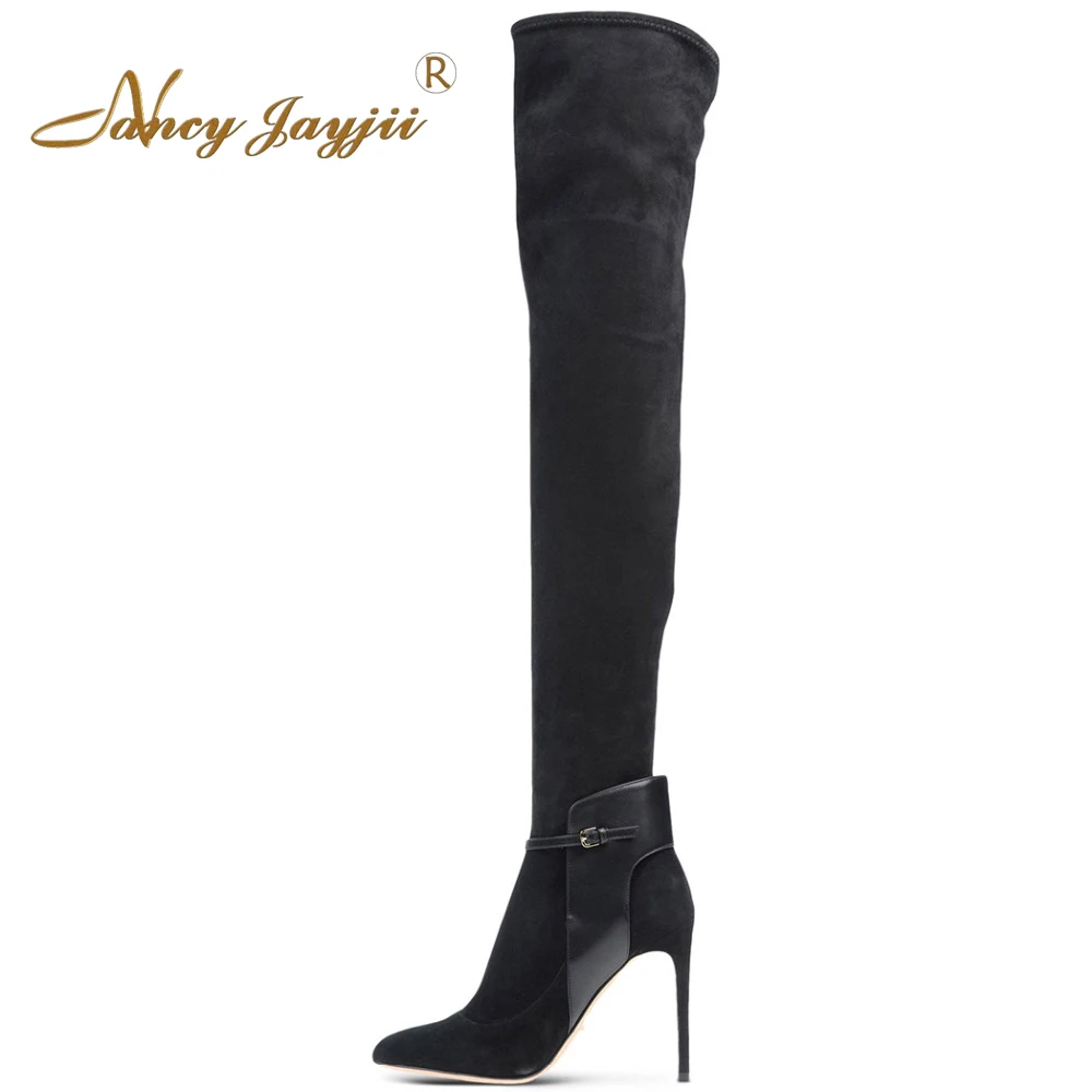 

Nancy Women Black Suede Over the Knee Zip Winter Point Toe High Heels Boots Shoes Woman, botas botines zapatos mujer size 4-16
