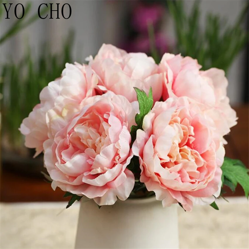 

YO CHO New Big Peony Flower Bouquet Artificial Wedding Flower White Bridal Bouquet Home Vase Autumn Decoration Fake Rose Flowers