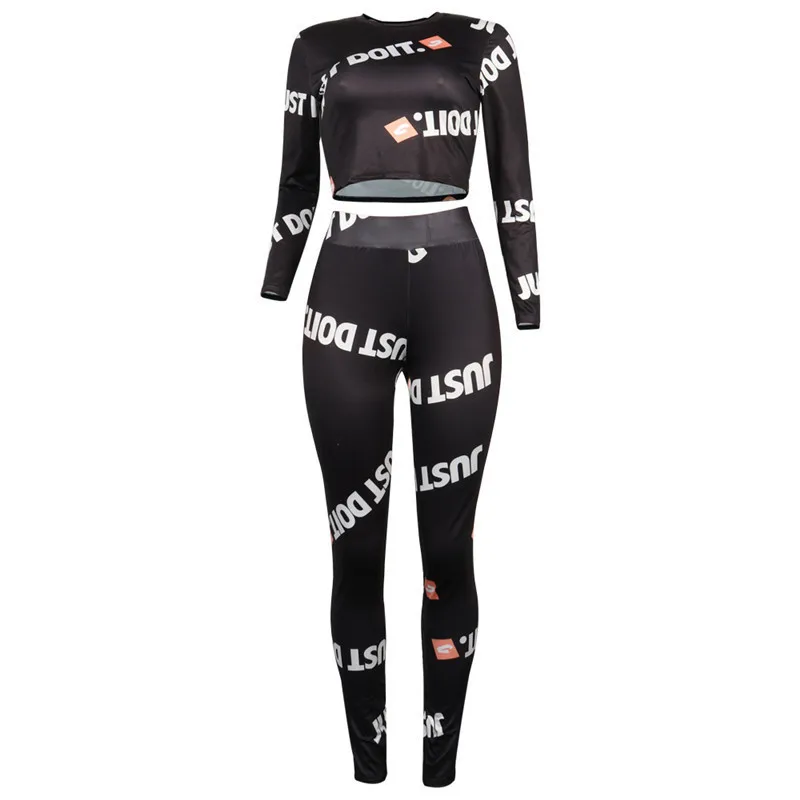 Letter Printed Sexy 2 Piece Set Autumn Long Sleeve Crop Top And Skinny Full Length Pants Women Black Casual Outfits GRNSHTS