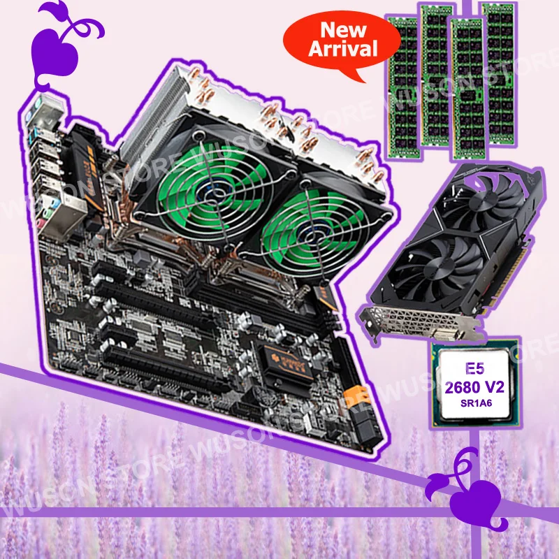 Huanan Zhi X79 двойной процессор Материнская плата с двойным процессором Intel Xeon E5 2680 V2 SR1A6 кулеры ram 4*8G 1600 REG ECC видеокарта GTX1050TI