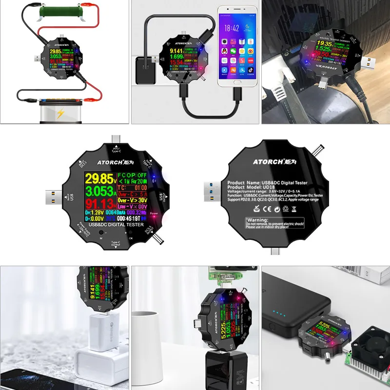 Цифровой USB тестер DC5.5 3.0 Type C 18 в 1 Вольтметр постоянного тока измеритель