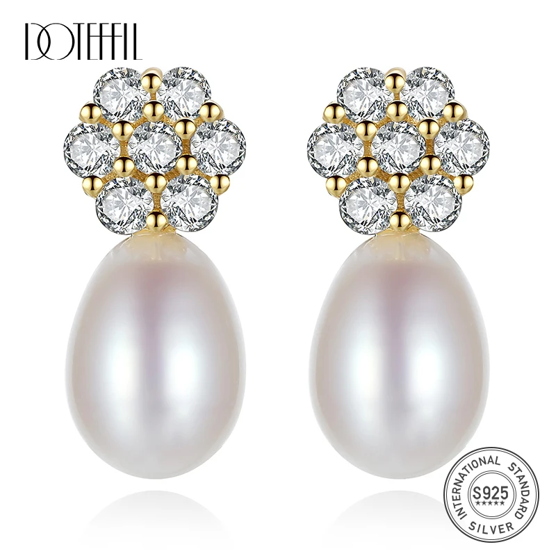 DOTEFFIL Earrings 925 Sterling Silver Gold Gilt Zircon Natural Freshwater Pearl Jewelry Women Wedding/Party | Украшения и