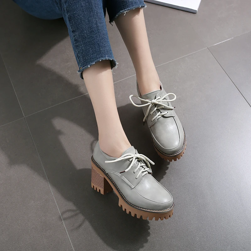 Женщины На Каблуках 2017 Повседневная Lace-Up Круглого Toe Высокие Каблуки Женская