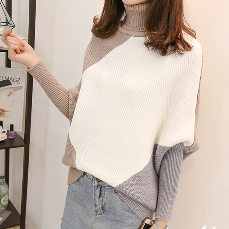 Autumn Women High-neck Sweater Loose 2018 Winter Irregular Stitching Korean Female Bat sleeve Thick Coat NO465 | Женская одежда
