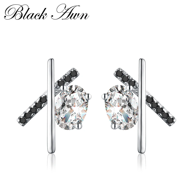 

[BLACK AWN] Genuine 100% 925 Sterling Silver Jewelry "X" Timeline Black Spinel Stone Wedding Stud Earrings for Women T056