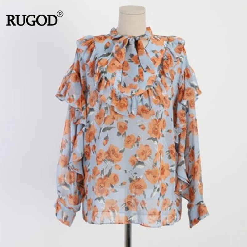RUGOD цветочный принт женские блузки элегантные свободные сладкий в богемном стиле