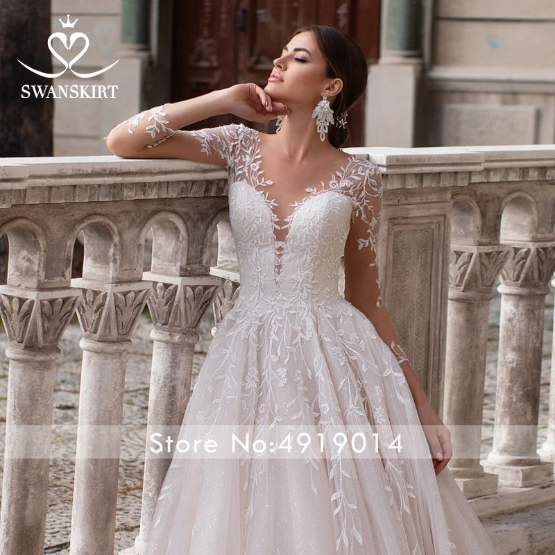 Сексуальное свадебное платье с v-образным вырезом,, Swanskirt, романтический длинный рукав, аппликация, бальное платье принцессы, свадебное платье, vestido de noiva K150