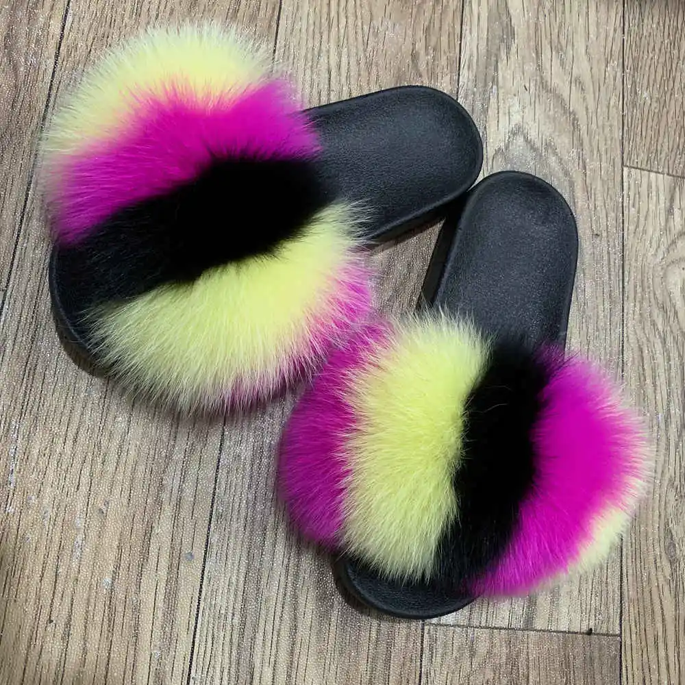 14 CCFUR New Colors Summer Slides Women's Real Fox Fur Slippers Fluffy Fur Sliders Mixed Color Fashion Lady S6048 - Цвет: 14