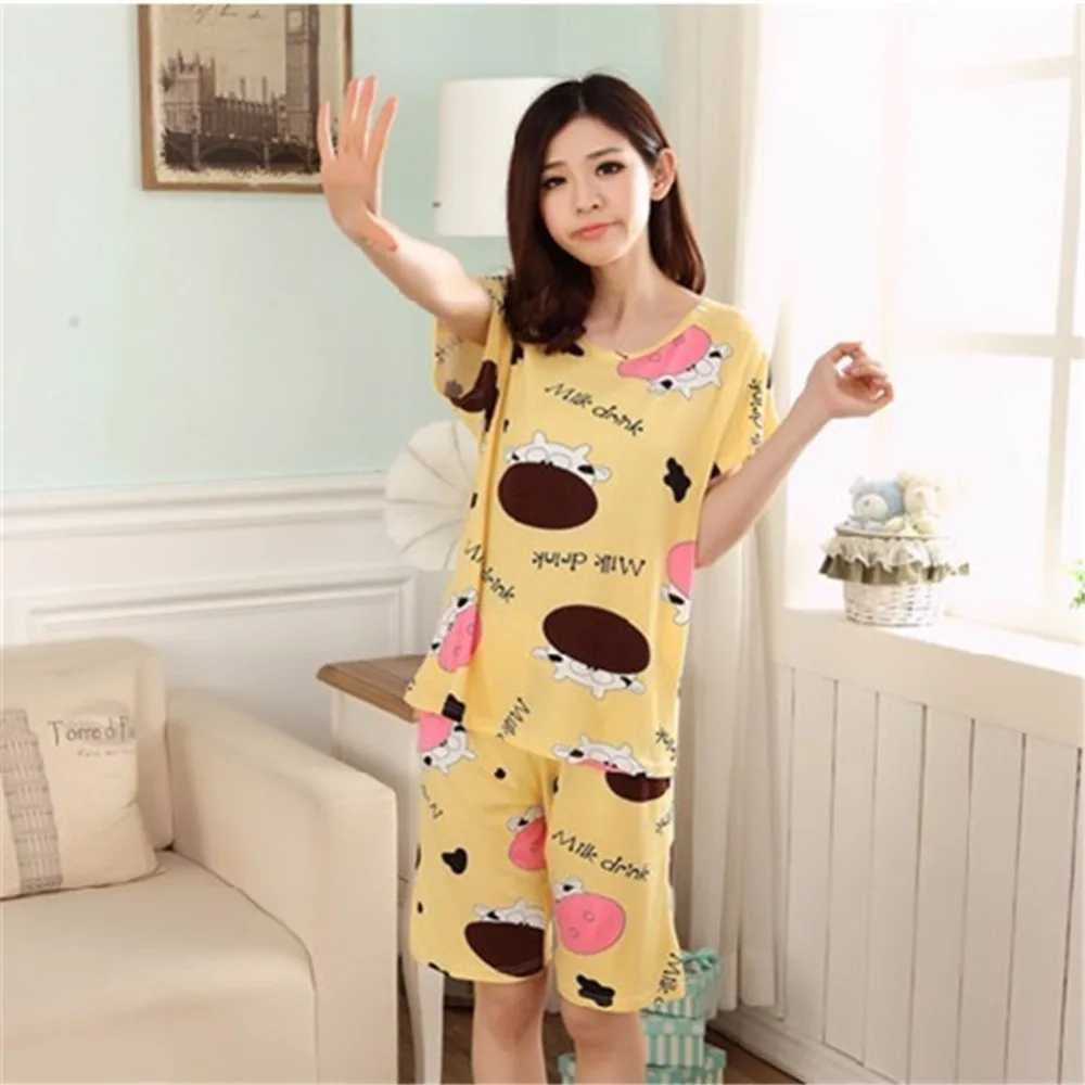 Новые женские Повседневное пижамный комплект мультфильм Печать шею с коротким