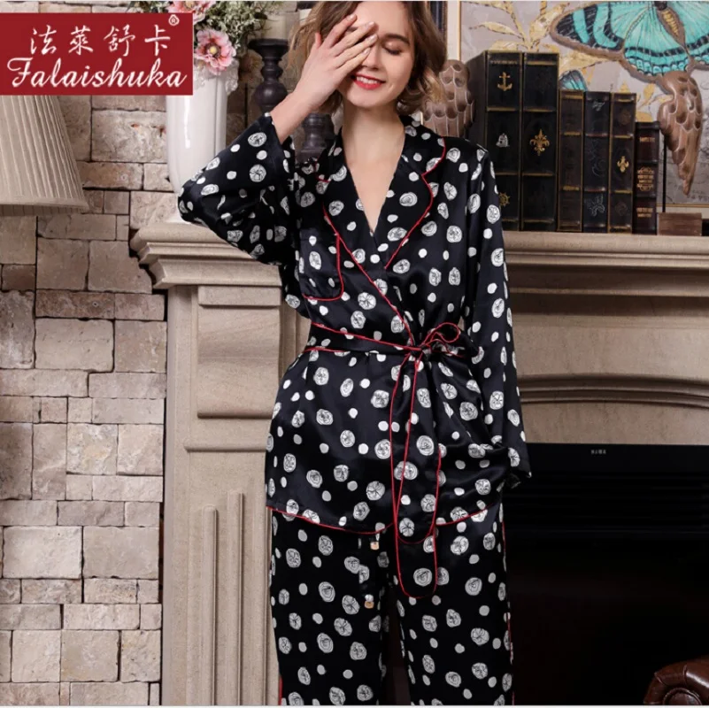 Silk Pajama Sets Pants Dot Plus Size Sexy Two Piece Set Home Wear Woman2019 Summer 100% Silk Stain Pajama Set Sleepwear