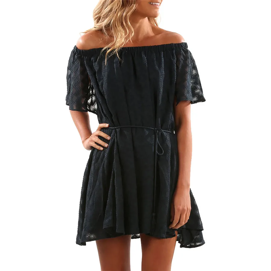 #4501 новые летние Стиль Для женщин Ruffled Solid с открытыми плечами платье Повседневное