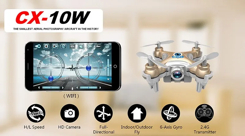 CX 10W Радиоуправляемый квадрокоптер Cheerson Wi Fi FPV 0.3MP Камера светодио дный 3D флип