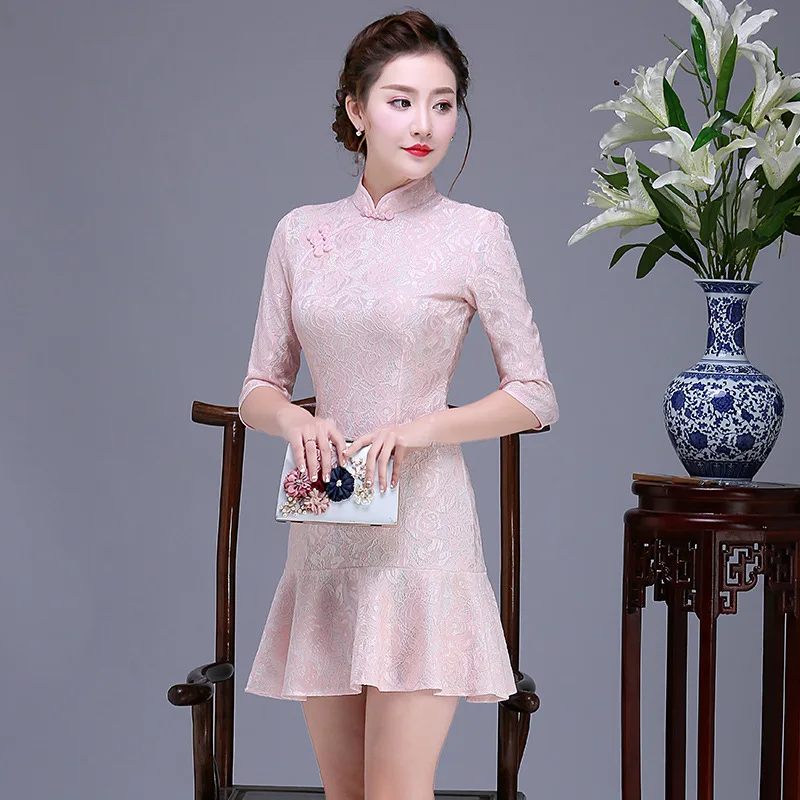 

Traditional Chinese Lace Mini Dress Women's Red Cheongsam Size S to 2XL