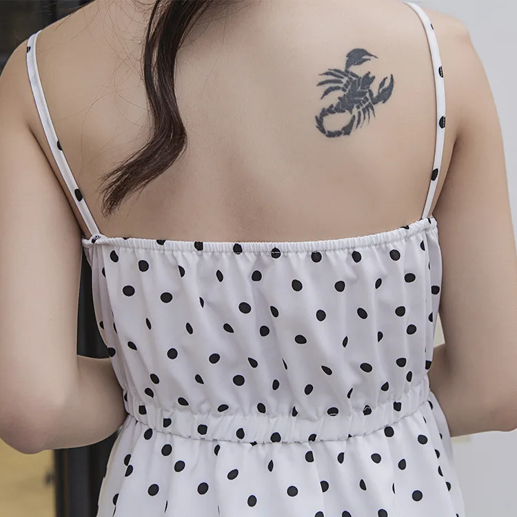 

Polka-dot chiffon dress summer women high waist floral spaghetti strap sleeveless long V-neck cake dresses sundress