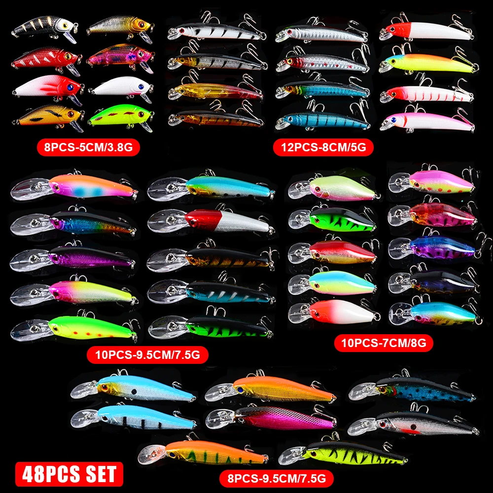 

40-50pcs Fishing Lures set Fishing Bait Mixed Size Fishing Tackle Mixed Minnow Lures/Popper Lures/Crank Mix Colors Lures Sets