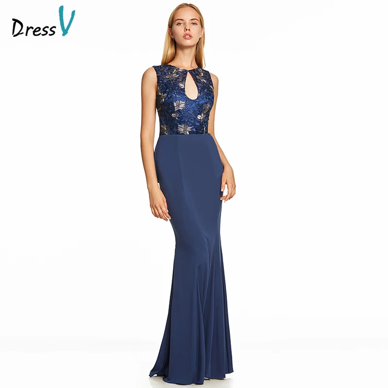 

Dressv dark royal blue long evening dress backless cheap scoop neck wedding party formal dress embroidery evening dresses