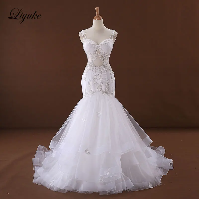 

Liyuke J170 Elegant Tulle Mermaid Wedding Dress Sweetheart Appliques Beading Spaghetti Straps Bride Dress robe de marriage