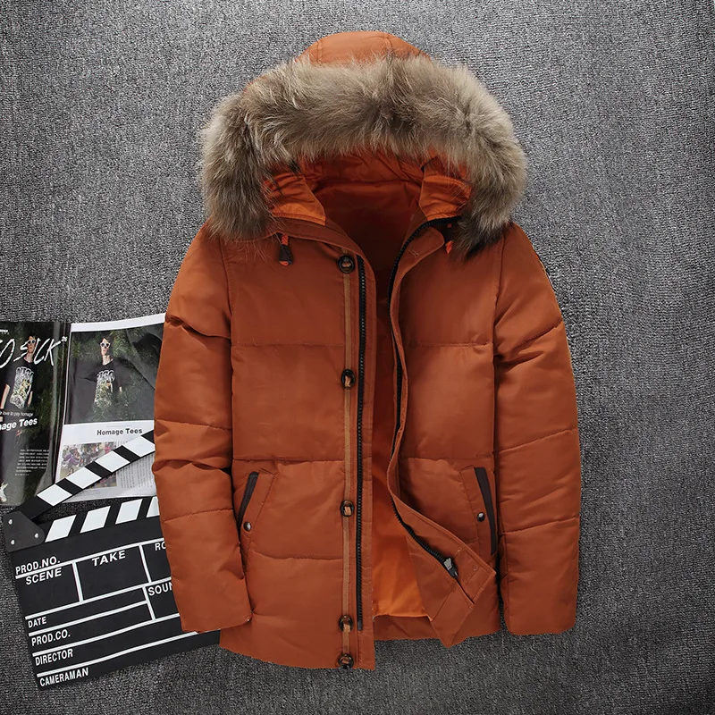 

Men's Winter Thick Down Jacket Short Section Scorpion Fur Collar Warm Jacket Hooded Duck Down Cold Resistant Menswear