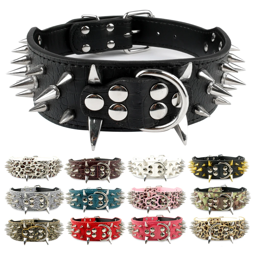 

2 Inch Wide Spiked Dog Collar Studded Leather Dog Collars For Medium Large Pet Mastiff Pitbull S-XL