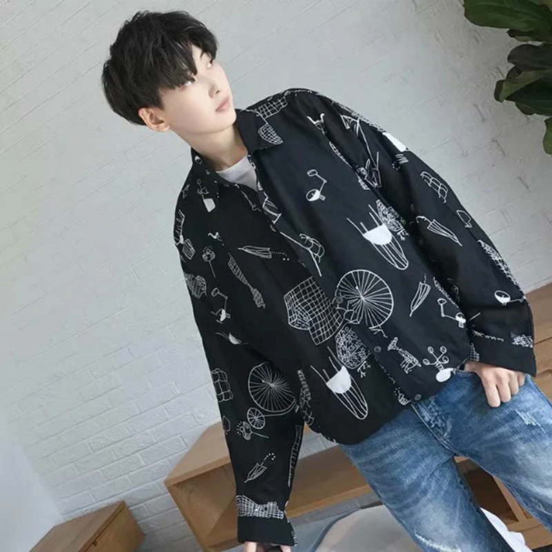 Ulzzang Harajuku мужские рубашки с длинными рукавами Мужская рубашка дышащая летняя ретро свободная тонкая мужская Студенческая Мода корейский стиль шик