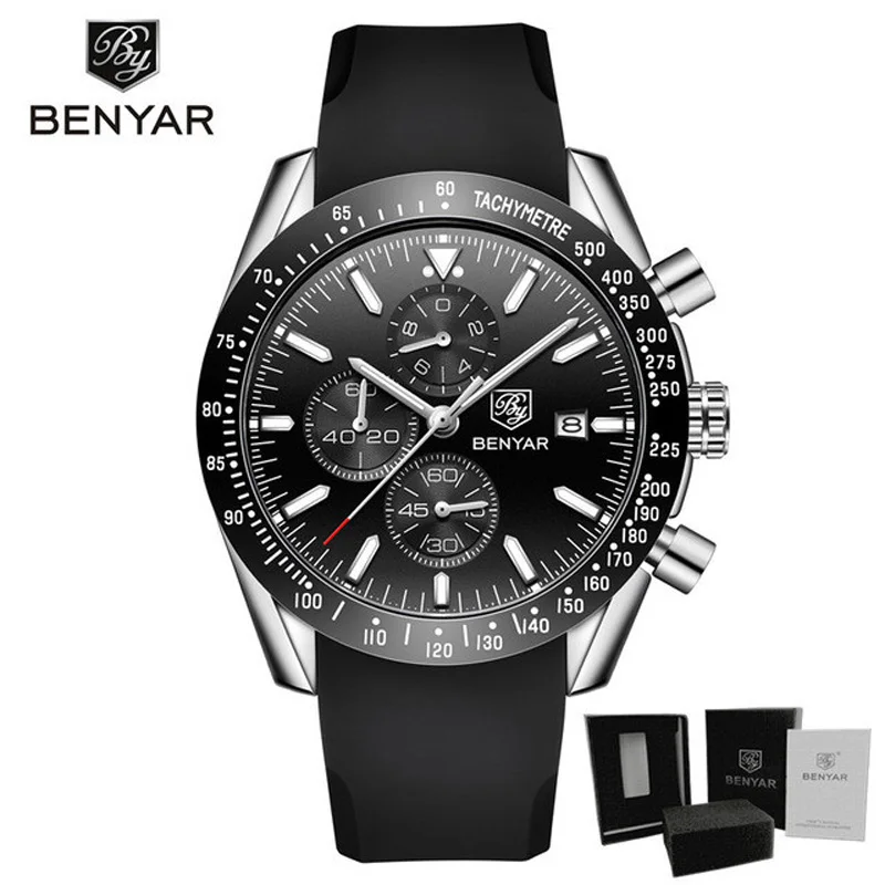 Black S Black BENYAR мужские часы Топ Бренд роскошные часы мужские военные часы кварцевые хронограф бизнес часы ремешок Relogio Masculino - Цвет: Black S Black