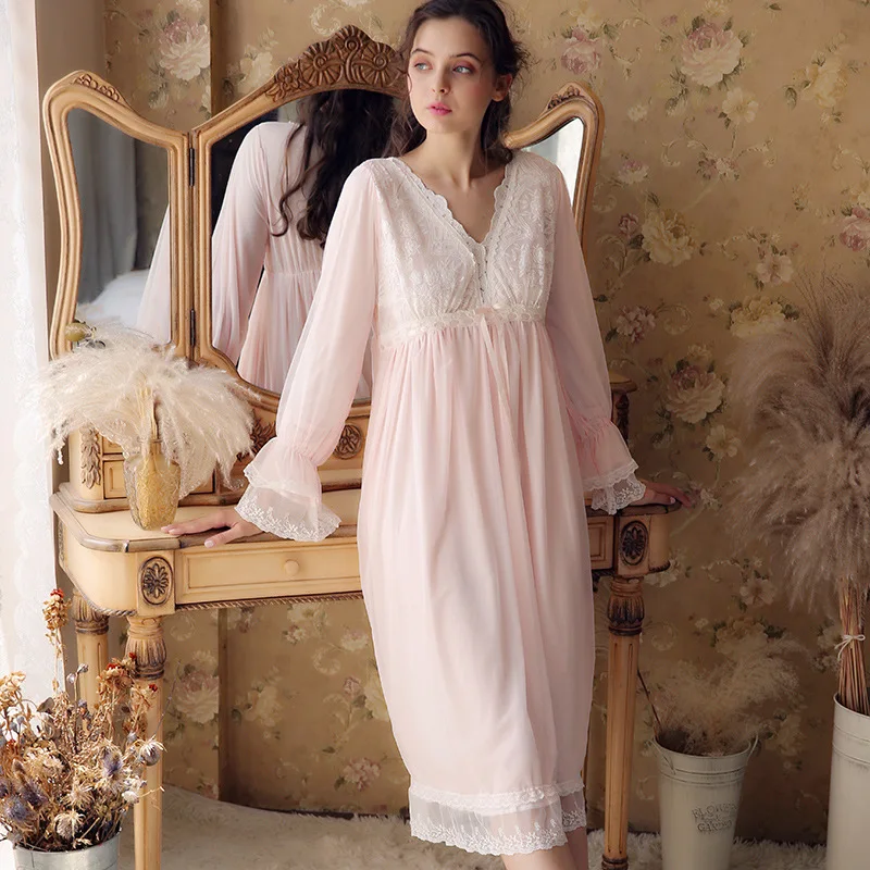 European Palace Style Vintage Night Dress Plus Size Lace Sleepwear New Spring Long Pink Cotton Nightgowns Elegant Home | Женская одежда