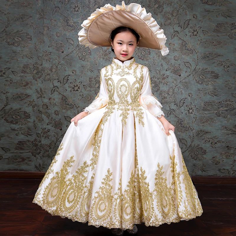 2018 белые детские вечерние платья на заказ средневековая золотая аппликация шар