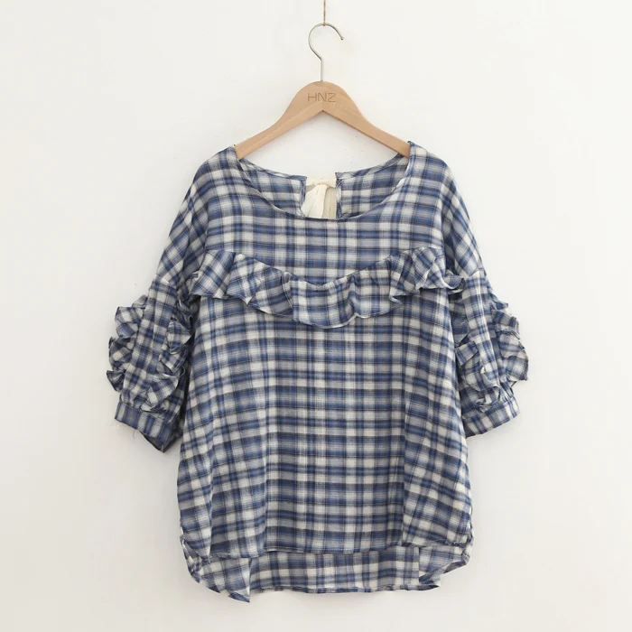 Ретро плед сладкий трепал в стиле пэчворк с круглым вырезом футболки коротким