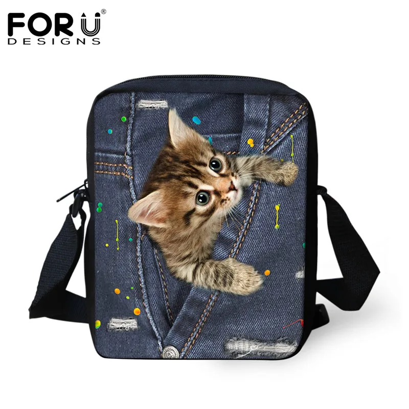 CC3325E FORUDESIGNS/Симпатичные животные кошка Для женщин Курьерские сумки класса люкс маленькая сумка через плечо для дам 3D джинсовый комбинезон с карманами; сумка Feminina - Цвет: CC3325E