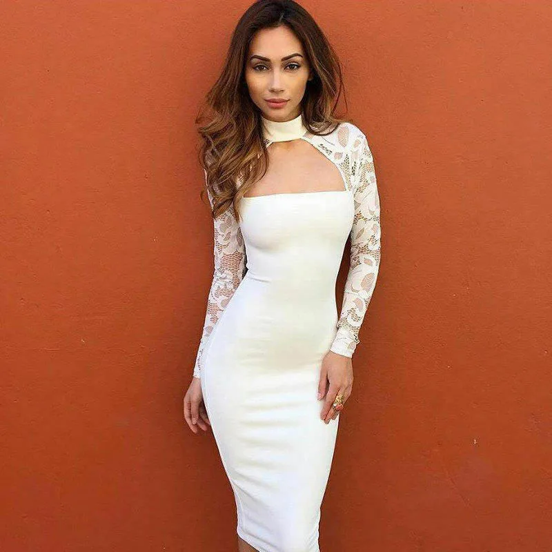 Sexy Lace Hollow Women Ladies Dresses Long Sleeve Bandage Bodycon White Evening Party Solid Color Dress | Женская одежда