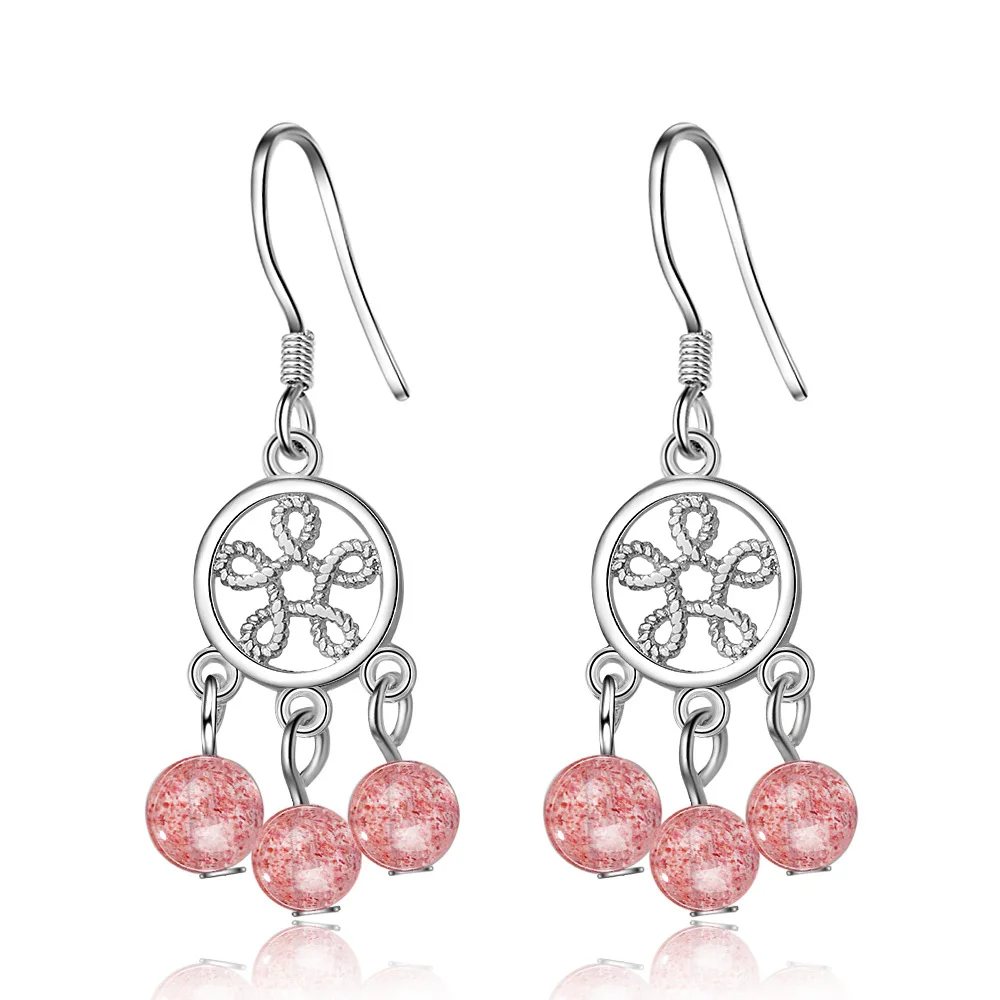 

Trendy Pink Strawberry Quartz Flower 925 Sterling Silver Female Drop Earrings Wholesale Jewelry For Women Birthday Gift No Fade