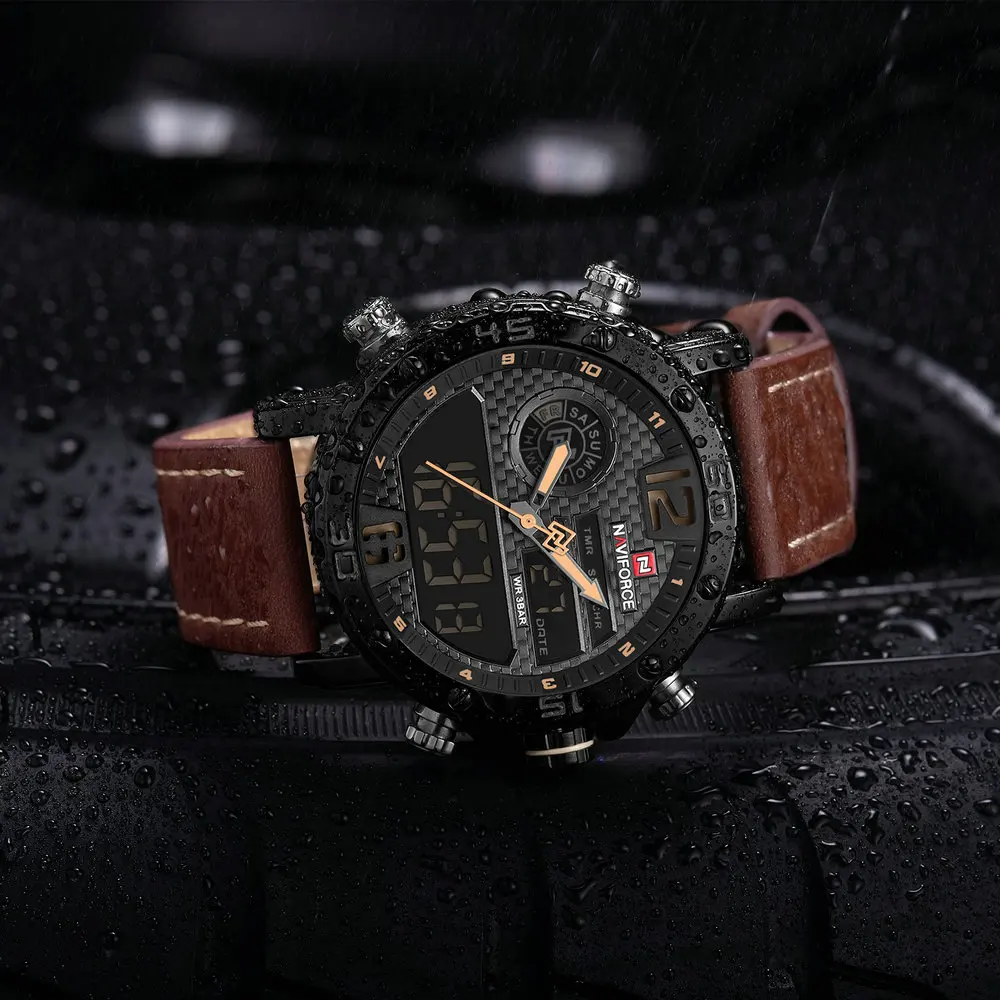 NAVIFORCE Роскошные брендовые модные спортивные часы мужские водонепроницаемые Двойные Кварцевые часы кожа ремешок светодиодный аналоговые с указанием даты цифровые часы