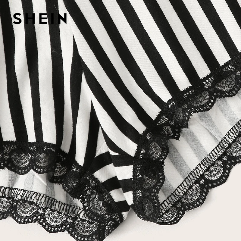 SHEIN, черный топ с буквенным принтом и полосатые шорты с кружевной отделкой, пижамный комплект, летняя Пижама, женская повседневная одежда для сна, пижамные комплекты