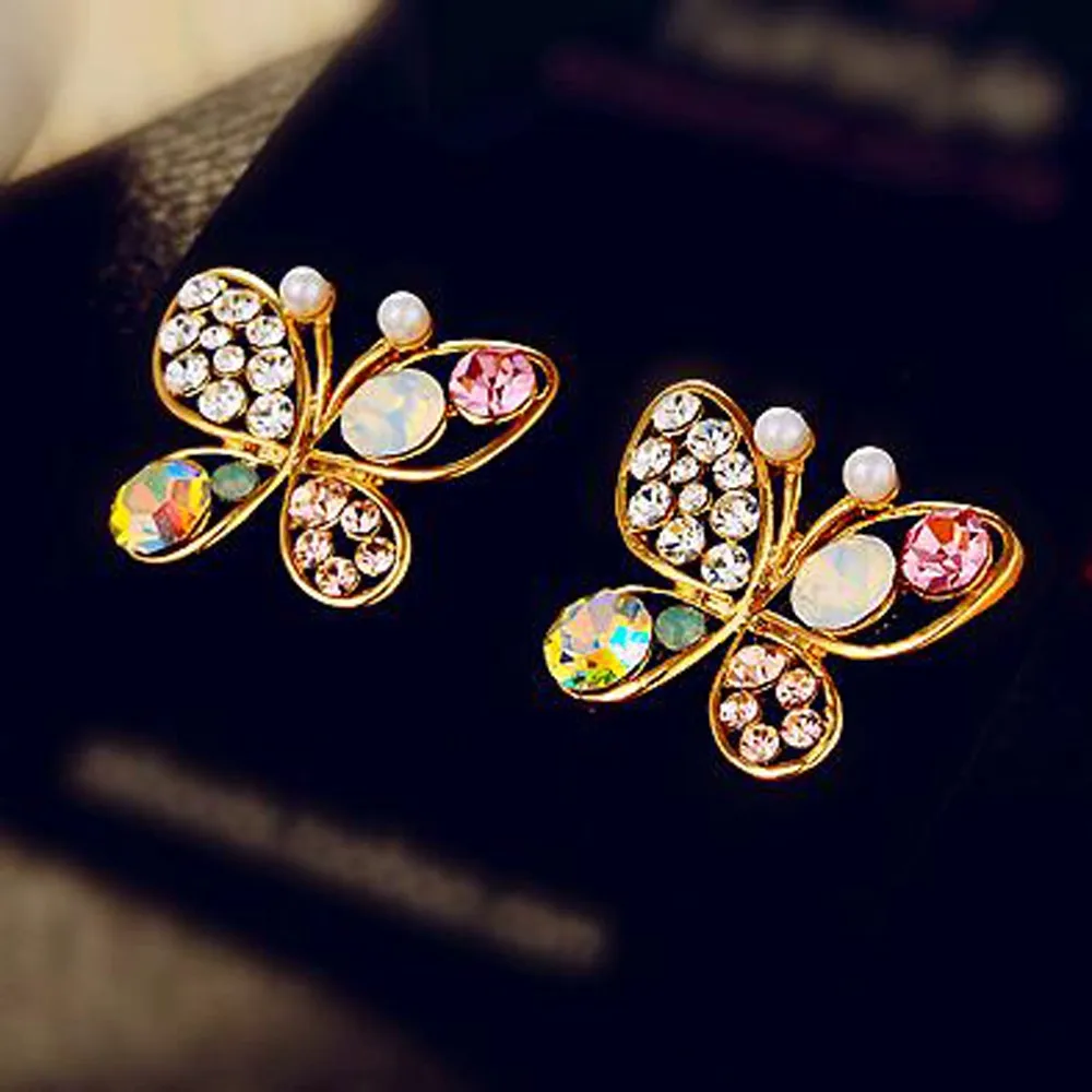 

2020 New luxury hollow brilliant Colorful crystal imitation pearl Gifts butterfly stud earrings