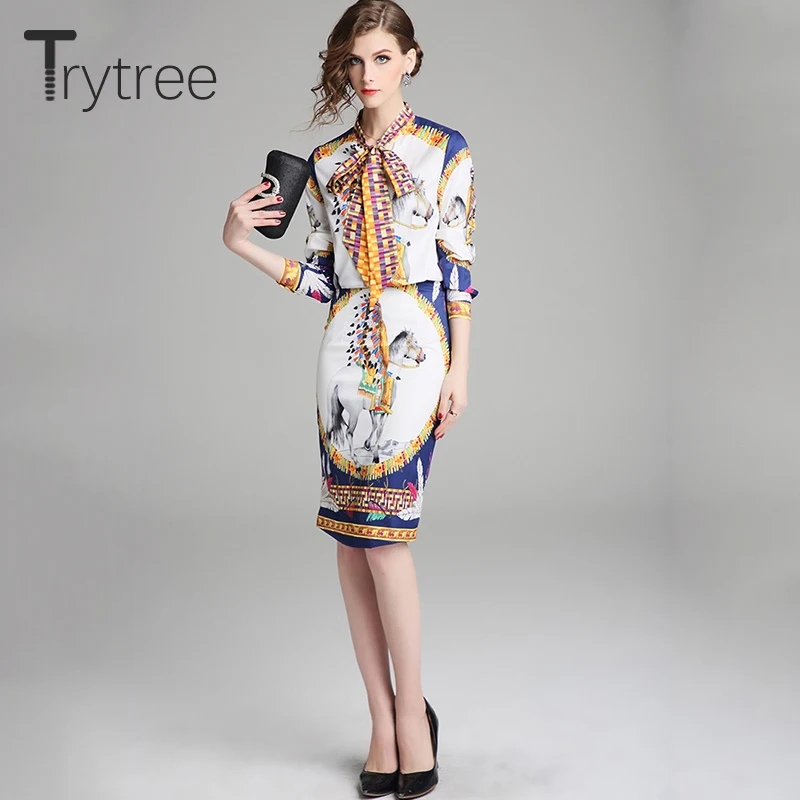 Trytree лето осень шелковистый принт женский костюм из двух предметов галстук